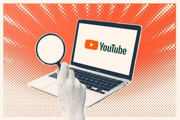 graphic of a laptop with the youtube logo on it and a hand with a magnifying glass hovering over it