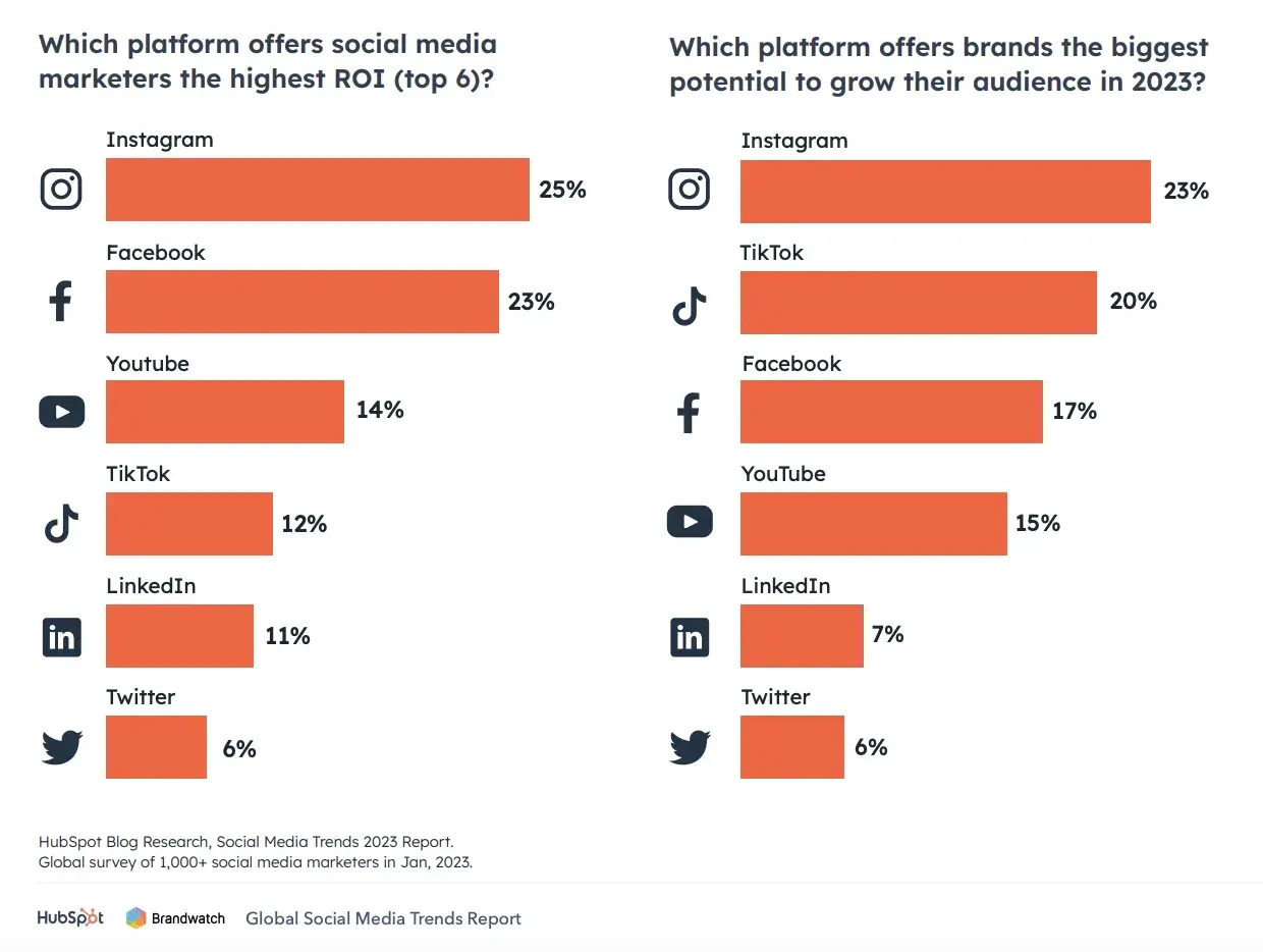 Graphs ranking different social platforms based on ROI and audience growth potential