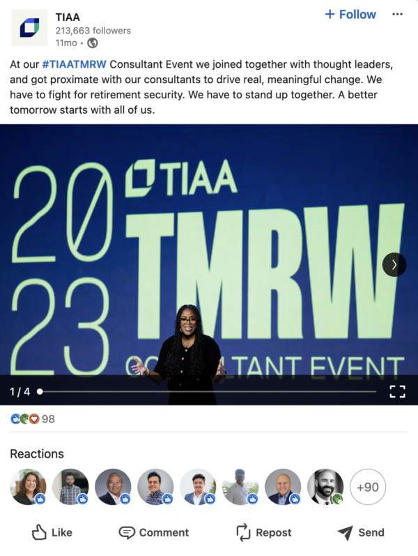 This LinkedIn post about the TIAA TMRW 2023 event shows a Black woman speaker on stage in front of the TMRW 2023 logo. 