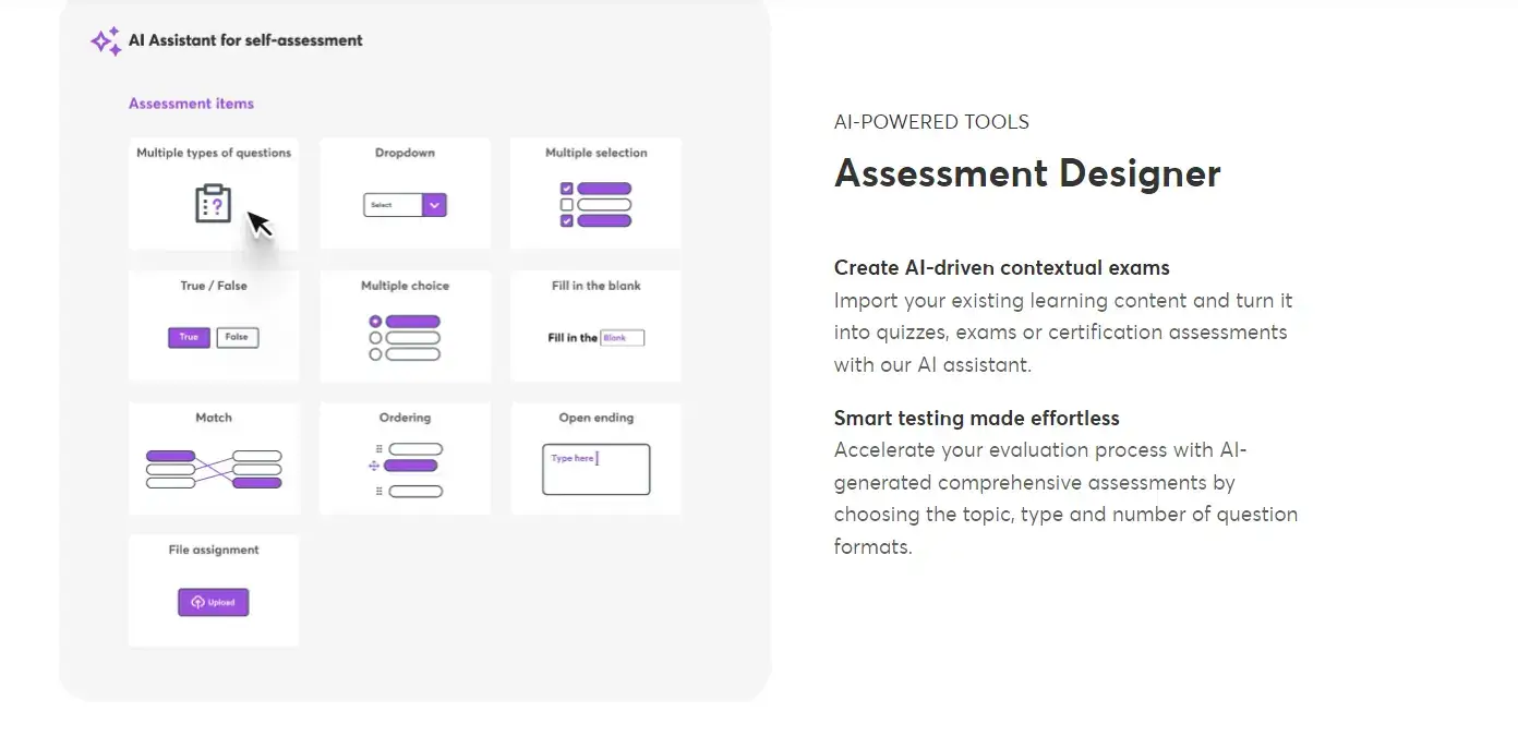 A screenshot of LearnWorlds's website showing its dashboard and AI-powered technology features.