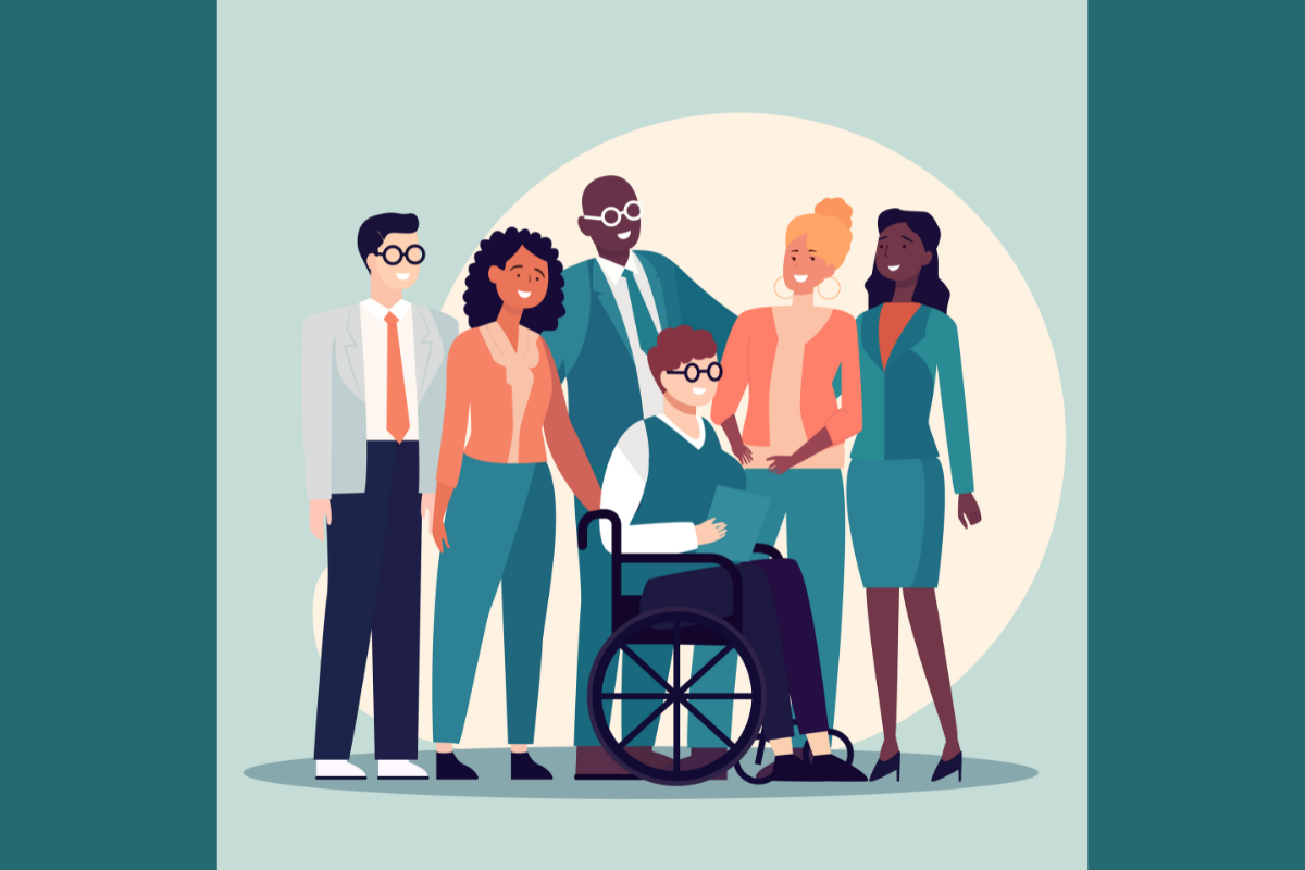 A supportive workplace environment illustration, highlighting employees with chronic health issues receiving assistance.