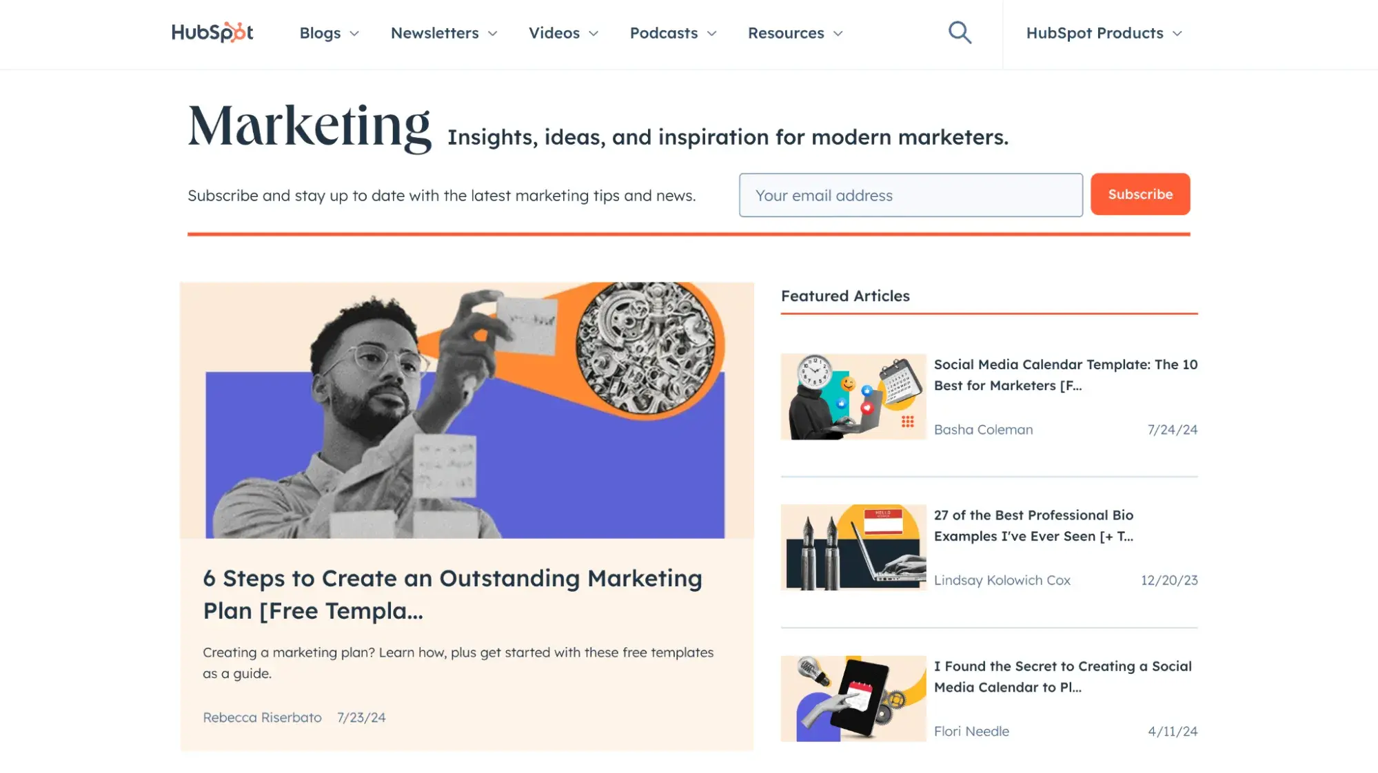 HubSpot’s marketing blog homepage, marketing strategy