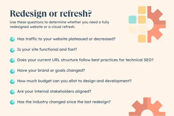 Redesign or refresh? Use these questions to determine whether you need a fully redesigned website or a visual refresh. Has traffic to your website plateaued or significantly decreased? Is your site functional and fast? Does your current URL structure follow best practices for technical SEO? Have your brand or goals changed? How much budget can you allot to design and development? Are your internal stakeholders aligned? Has the industry changed since the last redesign? 