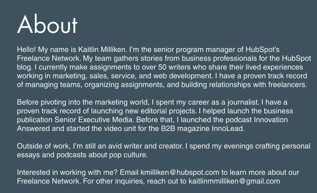 Screencap of About page on Kaitlin Milliken’s old website.