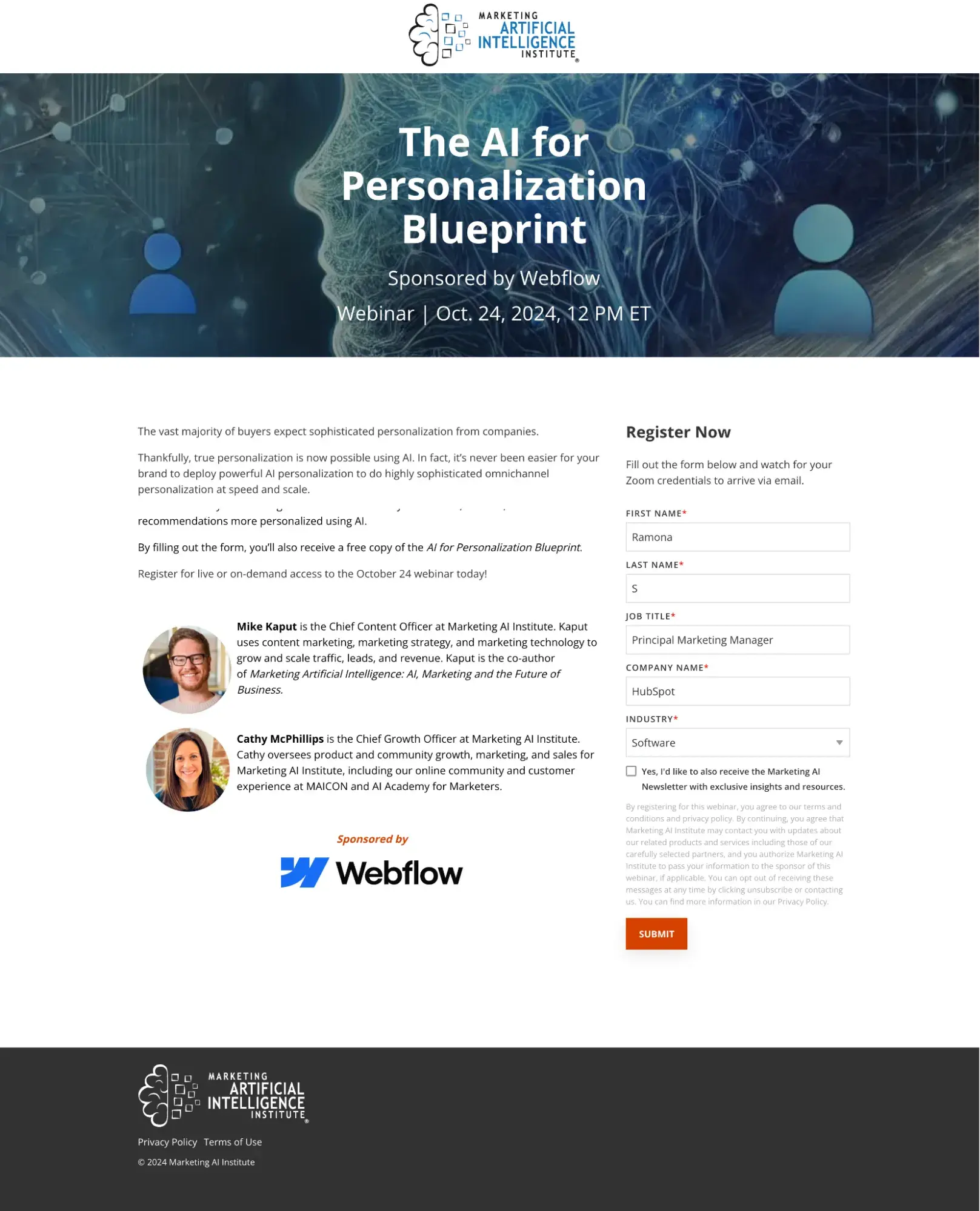 example of a webinar landing page hosted by marketing ai institute