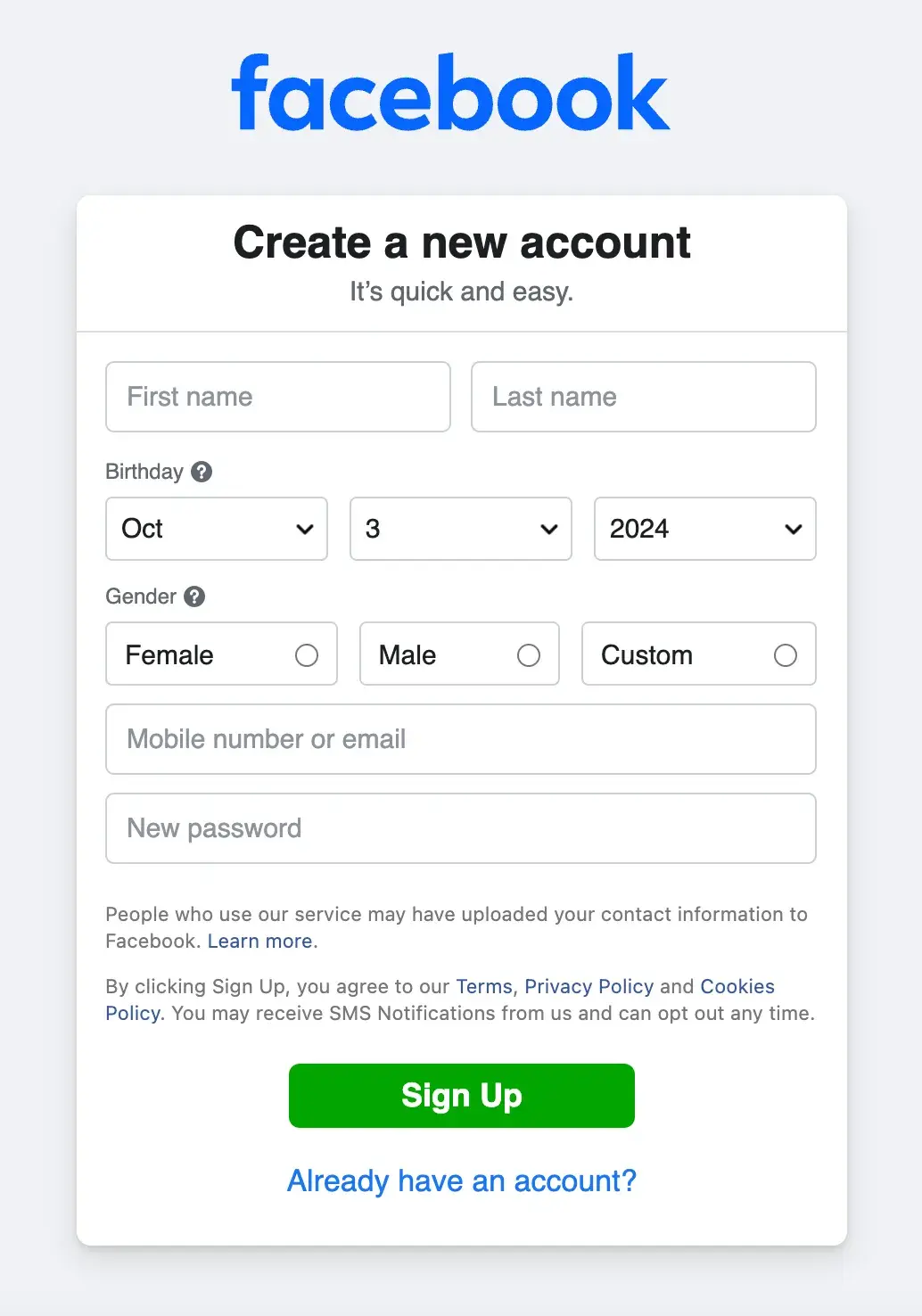 Screenshot showing the sign up form on Facebook