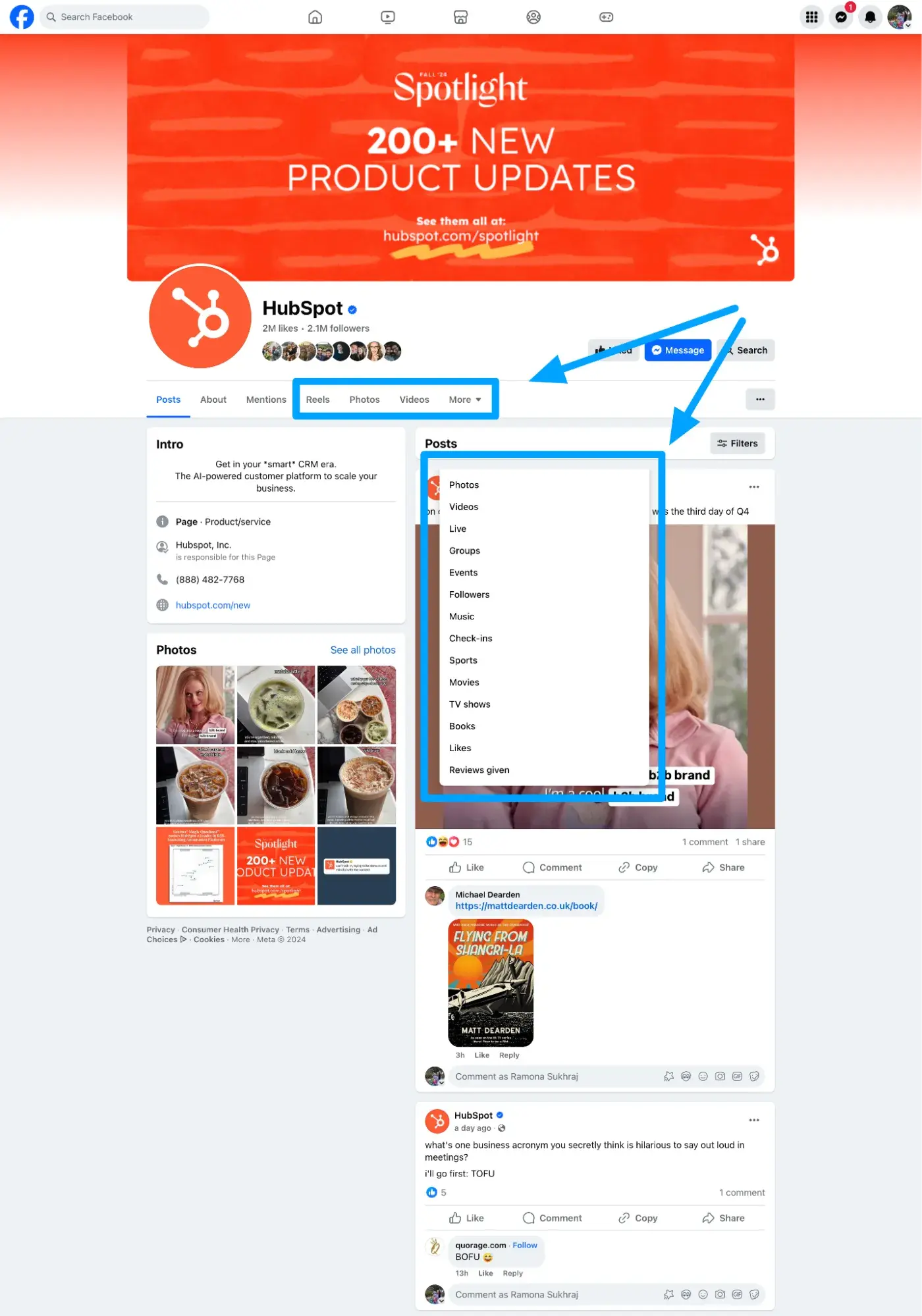 Screenshot showing HubSpot’s Facebook Page