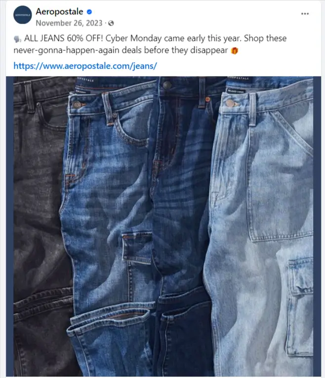 60% off early Cyber Monday offer on the Aeropostale Facebook page