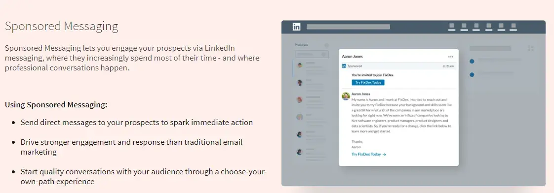 screenshot taken from LinkedIn’s guide shows what the messaging ads look like and provides more data about how to use this paid ad type.