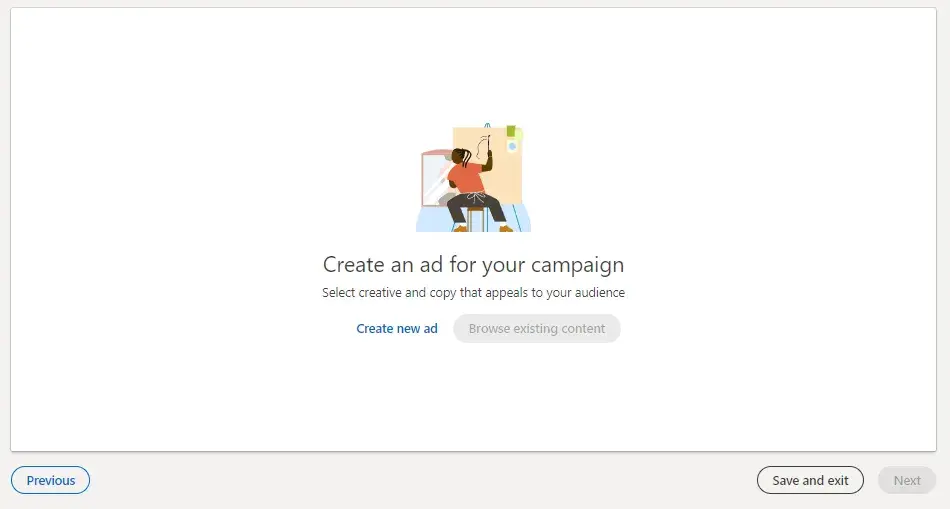 screenshot of the create a new campaign step in the process of setting up a LinkedIn paid ads campaign.