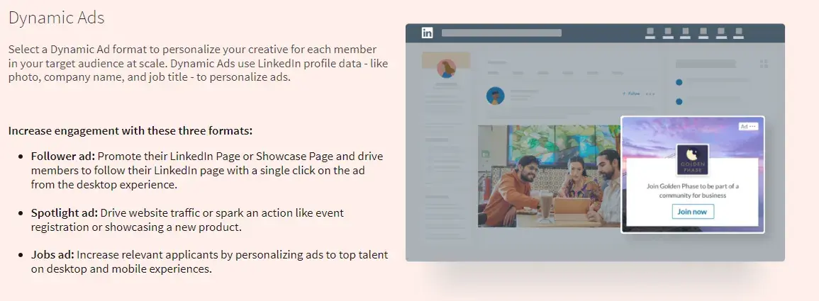 linkedin paid ads: screenshot taken from LinkedIn’s guide shows what the dynamic ads look like and provides more data about how to use this paid ad type.