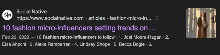 Micro influencer marketing: Google Search result for “fashion style micro-influencers.”