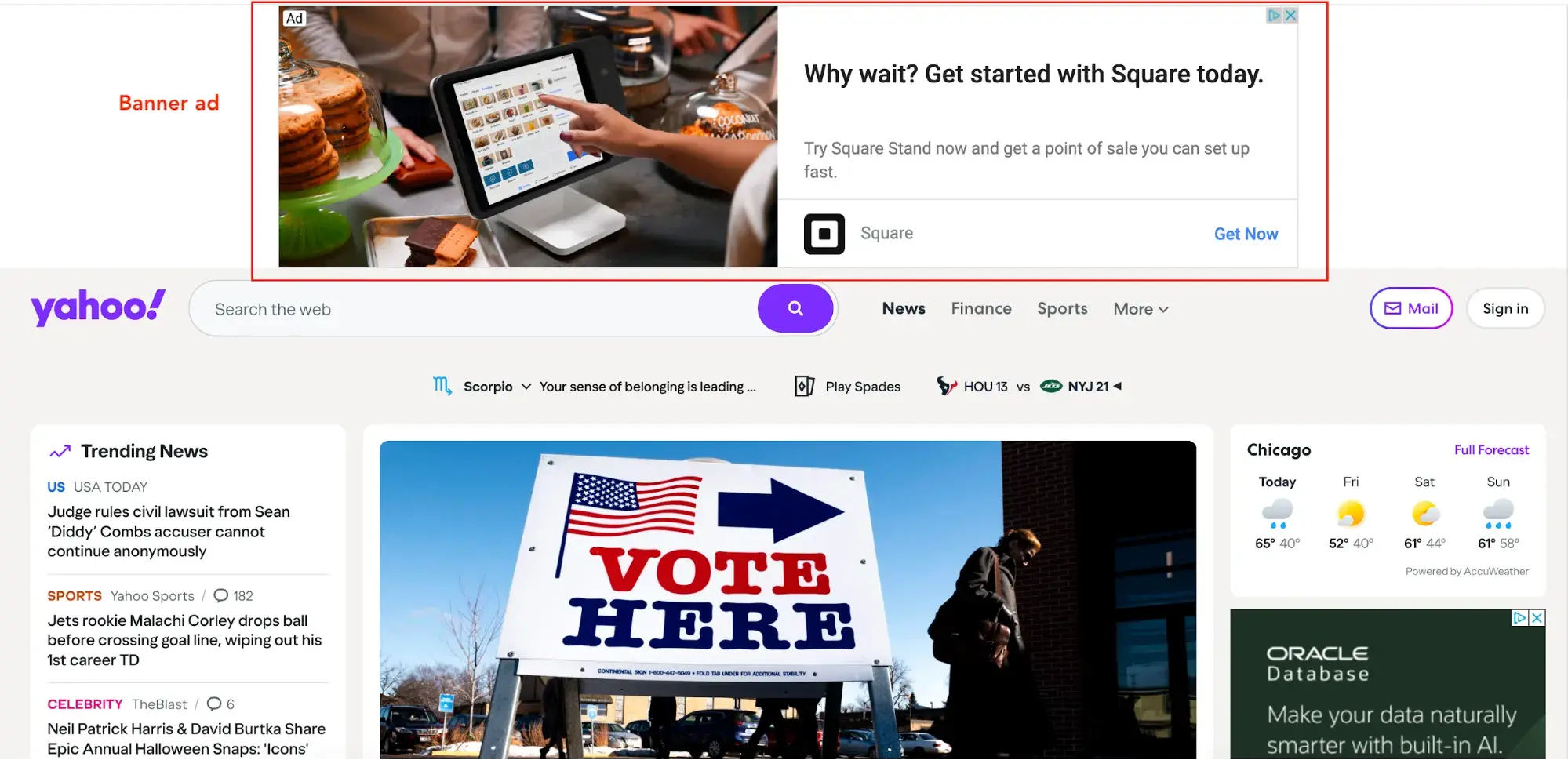 Screencap of Yahoo.com with a banner ad for Square at the top.