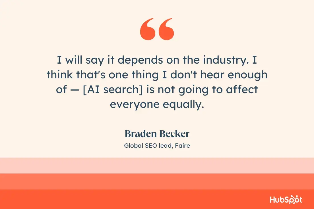 « Je dirai que cela dépend de l’industrie. Je pense que c'est une chose dont je n'entends pas assez parler... [AI search] cela n'affectera pas tout le monde de la même manière. »—Braden Becker, responsable du référencement mondial, Faire