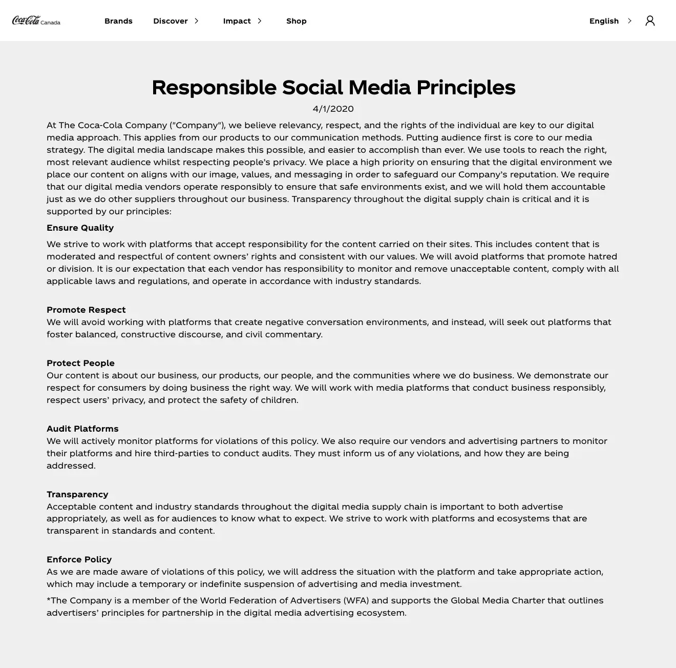 Screenshot of Coca-Cola’s social media policy