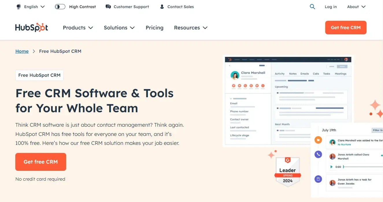 Screenshot: Free CRM software and tools for your entire team. CTA: Get a Free CRM