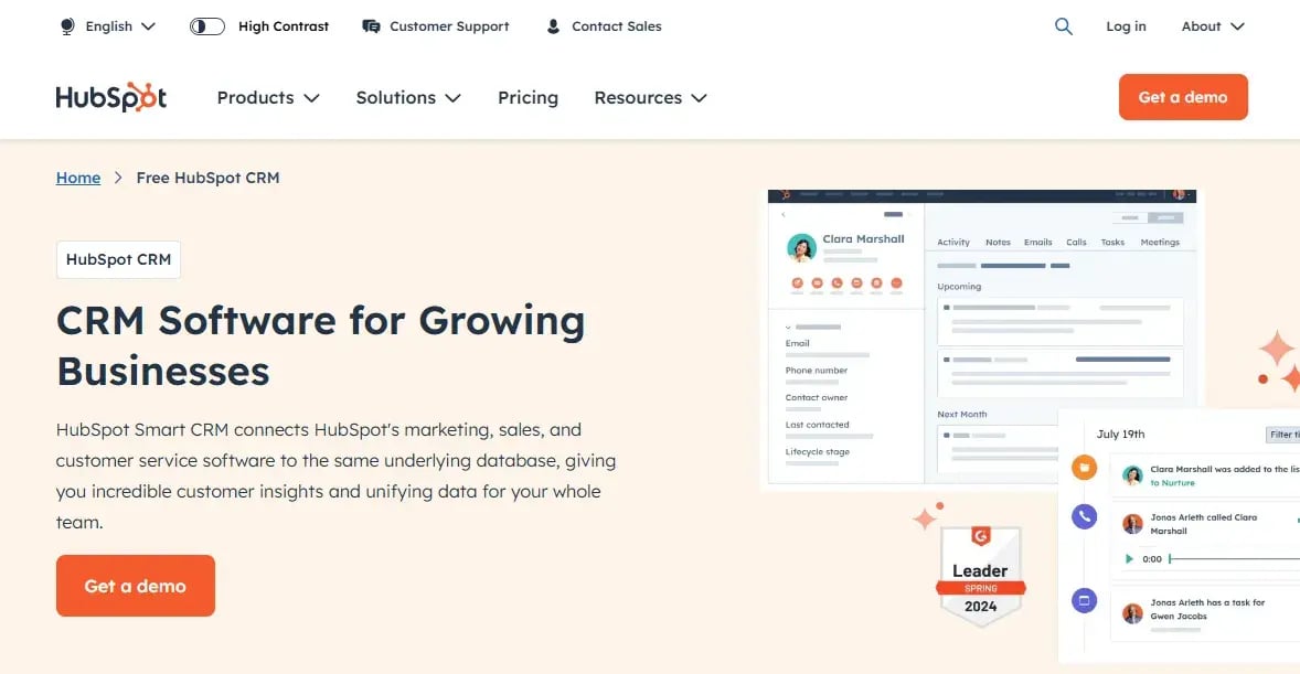 Screenshot: CRM software for growing businesses. CTA: Get a Demo