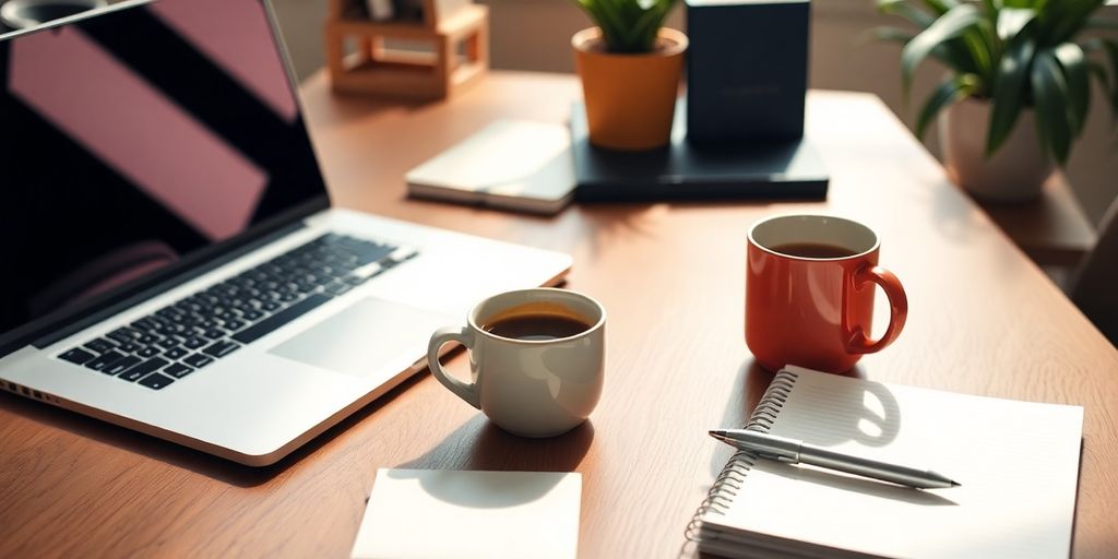 A workspace with a laptop and coffee cup.