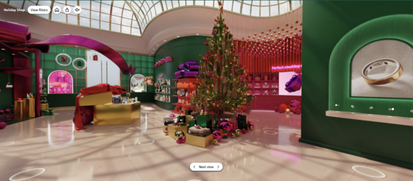 Amazon's virtual reality holiday store that features engaging product displays and festive decorations.