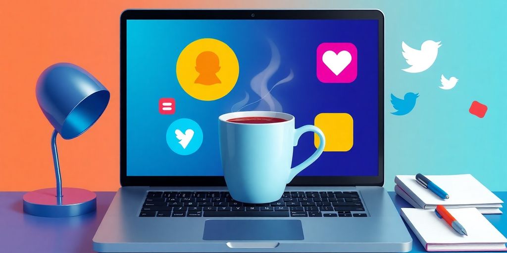 Laptop and coffee with social media icons in flat art.