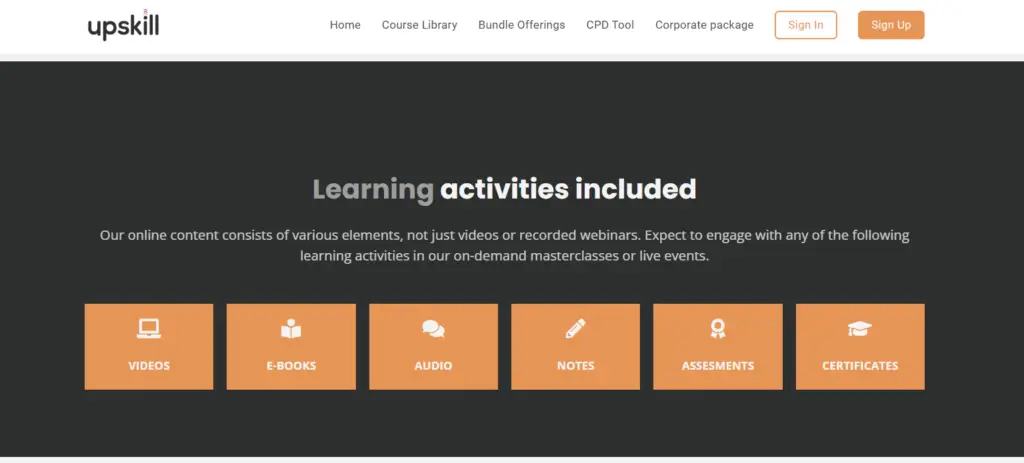 A screenshot of Upskill's website featuring the learning activities it offers. 