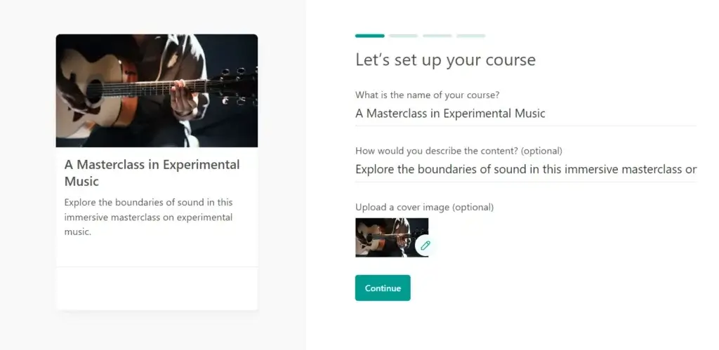 A screenshot showing the course set up process with the LearnWorlds platform.