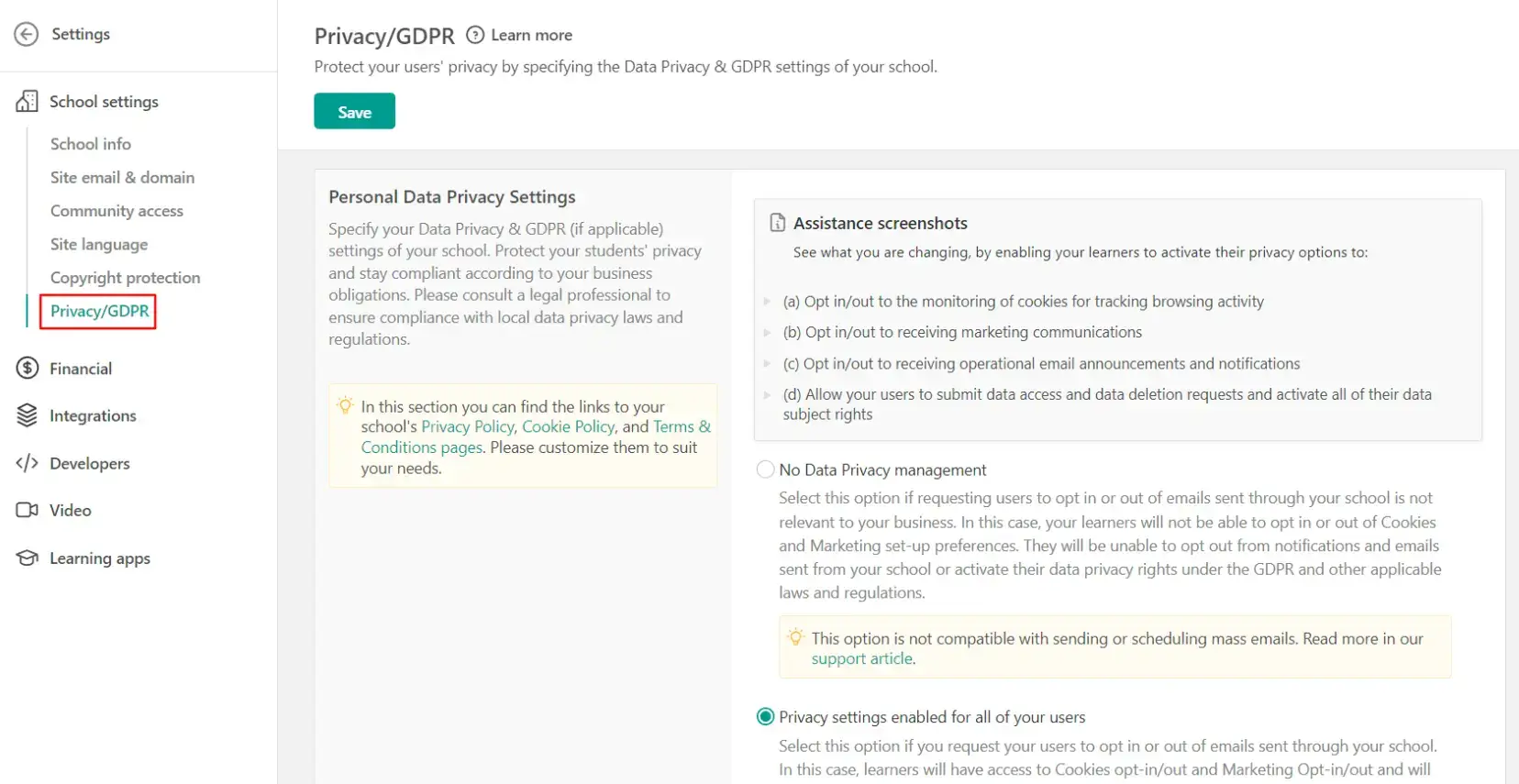 A screenshot of LearnWorlds platform interface featuring Privacy/GDPR settings.