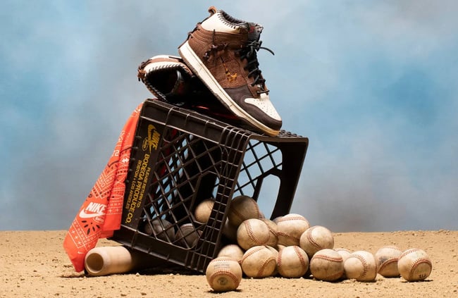 Bodega's Nike ad evokes the Sandlot vibe with an image of the shoes on an overturned crate of old, worn baseballs.