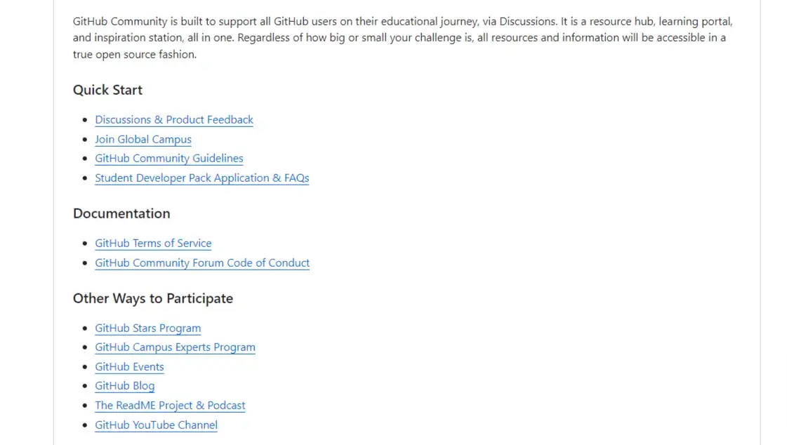 GitHub community structure with quick start menu, documentation list, and ways to participate resources.