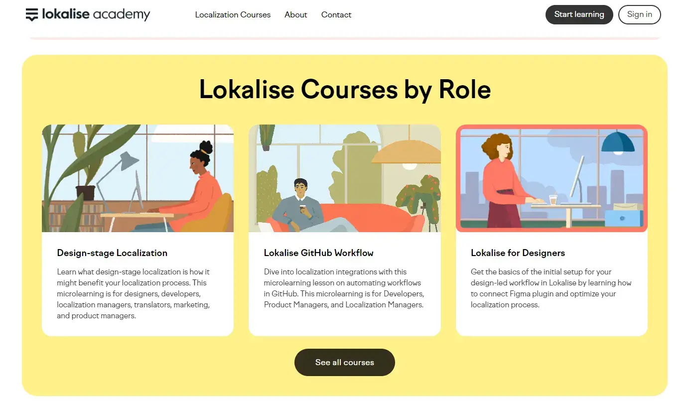 Lokalise courses by role for design-stage localization, GitHub workflows, and a course for designers