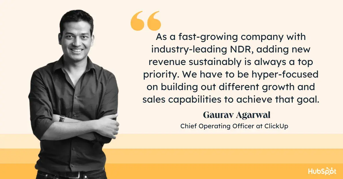 Graphic showing quote from Gaurav Agarwal, COO at ClickUp