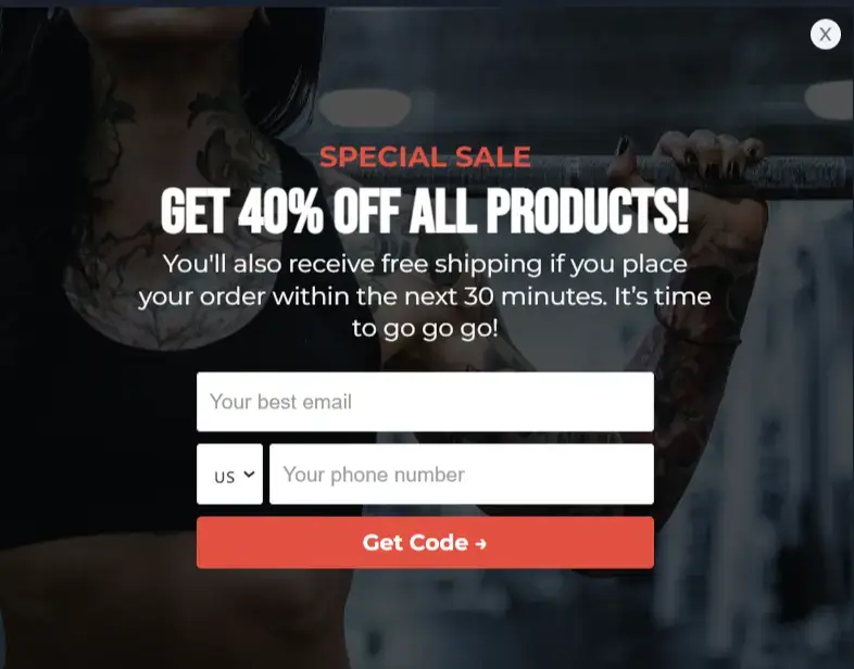 Exit-intent Black Friday pop-up example for a fitness brand