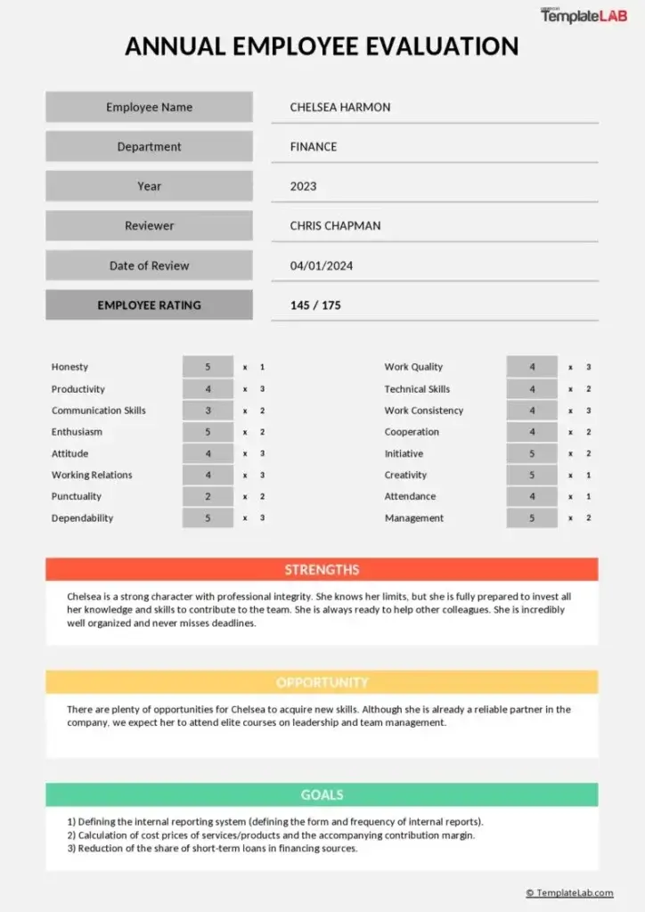 Example of an annual employee evaluation form