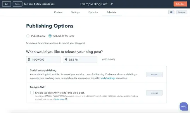 scheduling tab within HubSpot's blog editor