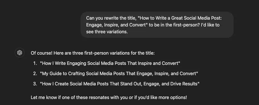 Screenshot showing how chatgpt rewrote a blog title to be in the first-person.