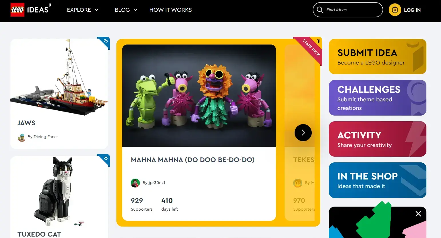 A screenshot of the LEGO Ideas website featuring the above-the-fold section.