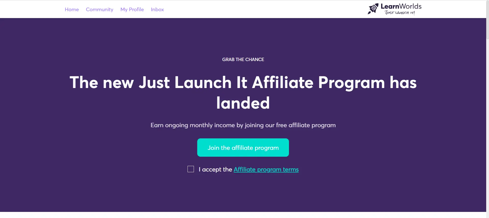 A screenshot showing the page that allows LearnWorlds users to become affiliates by joining its affiliate program.