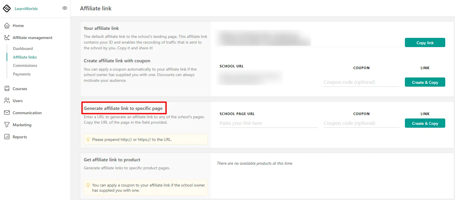 A screenshot of the affiliate dashboard showing the affiliate links options for specific pages inside the LearnWorlds platform.