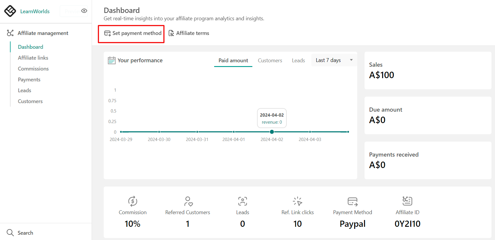 A screenshot of the affiliate dashboard showing the option to set payment method inside the LearnWorlds platform.