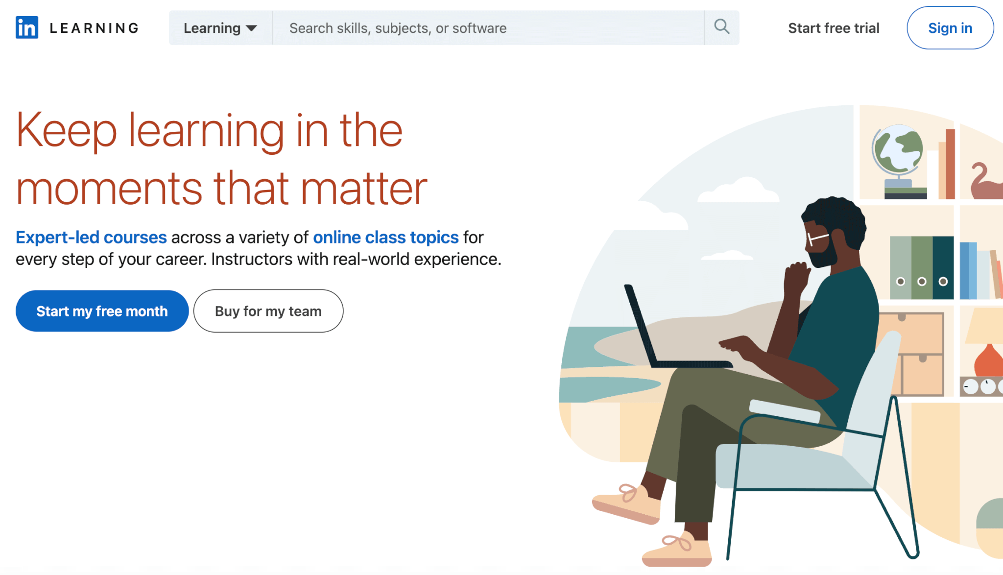 a screenshot of the LinkedIn Learning landing page showing an animated character working on a laptop