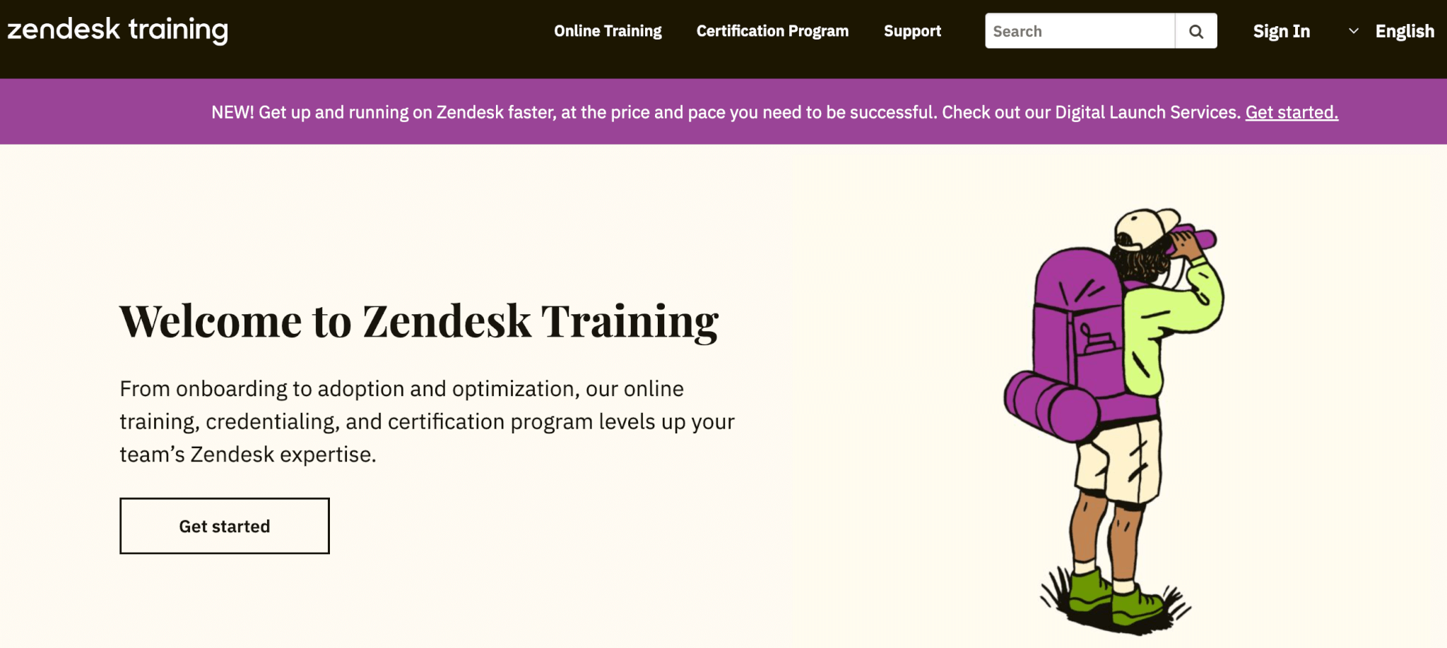 a screenshot of the Zendesk Training Academy homepage showing an animated character with a backpack