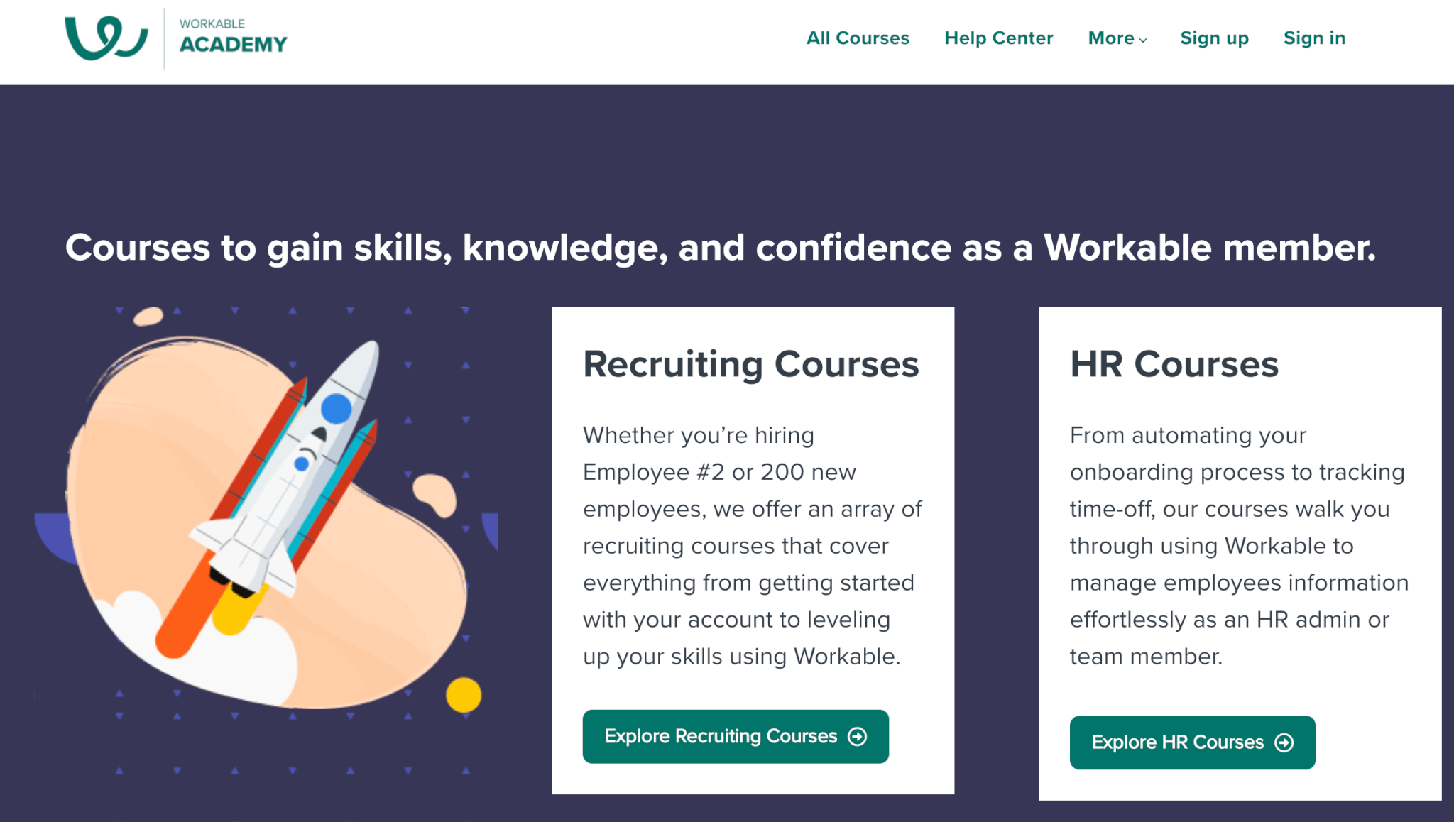  a screenshot of Workable Academy showing available courses on a blue background with a flying rocket