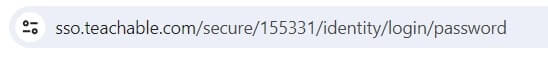 A screenshot showing Teachable's URL and SSO parameter when a user is trying to log in to an online academy.