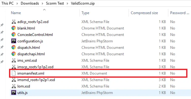 À quoi ressemble un package SCORM lorsqu'il est ouvert, mettant en évidence le fichier imsmanifest.xml.