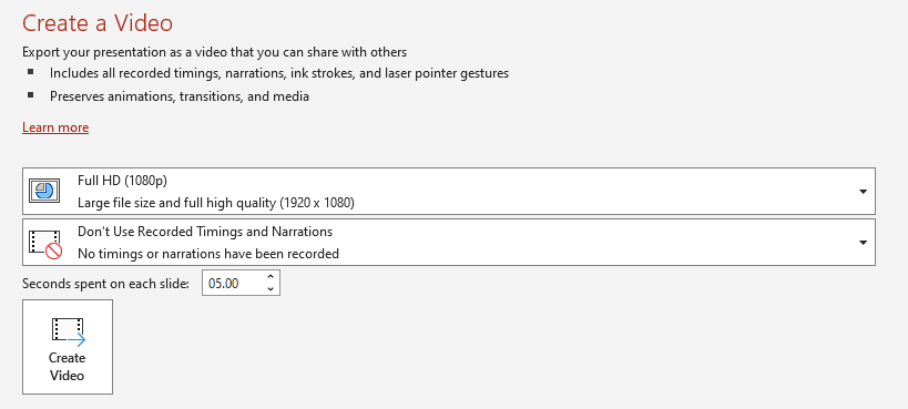 Choose video export settings in Microsoft PowerPoint.