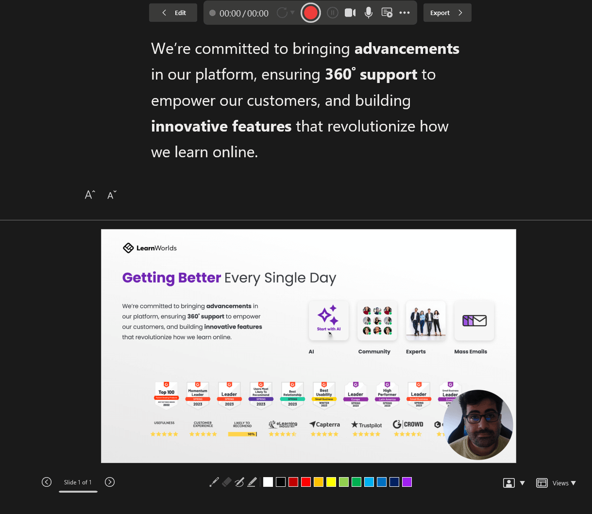 Presenter view of PowerPoint while recording with slide transition options and transcription.