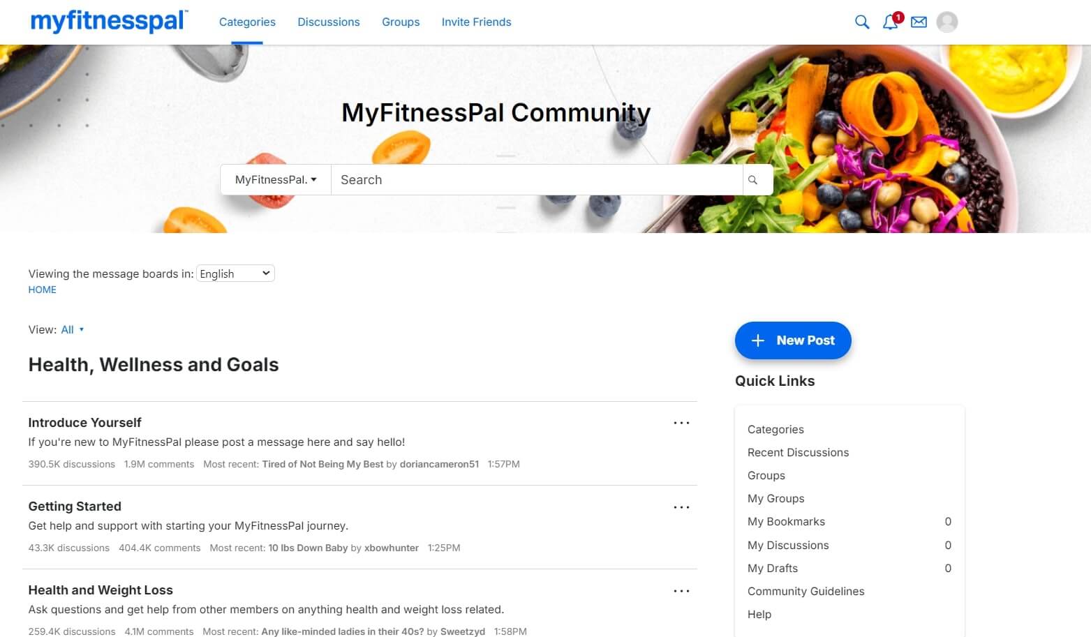 A screenshot of MyFitnessPal community page.