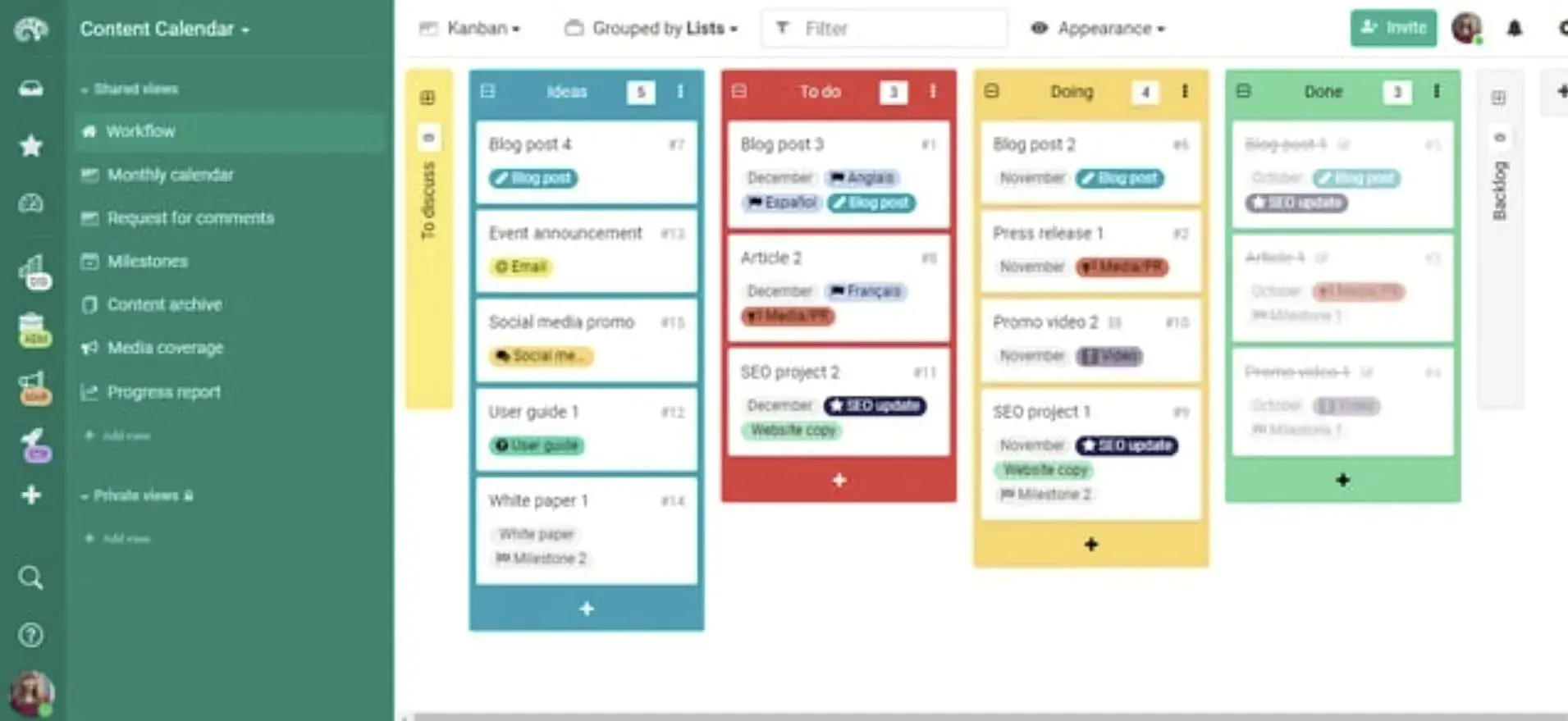 Screencap of a colorful Kanban board.