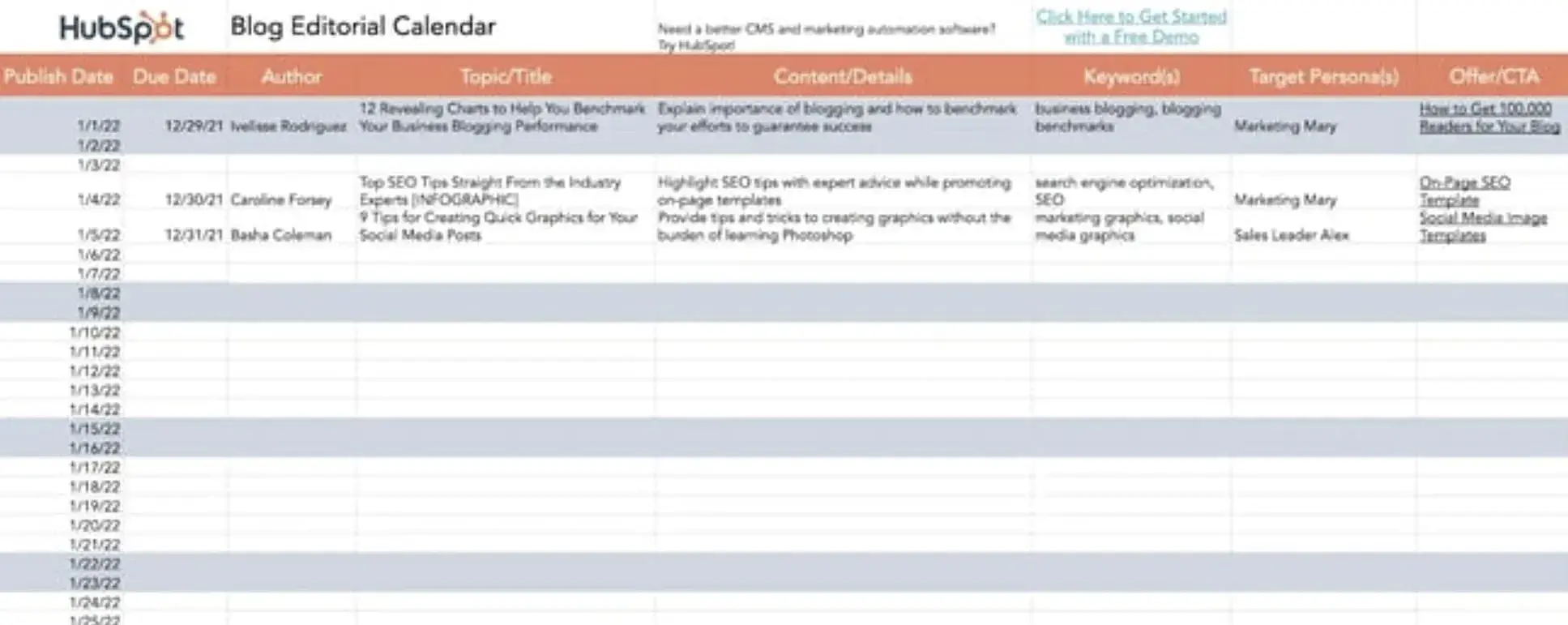 Screencap of HubSpot’s blog editorial calendar template.