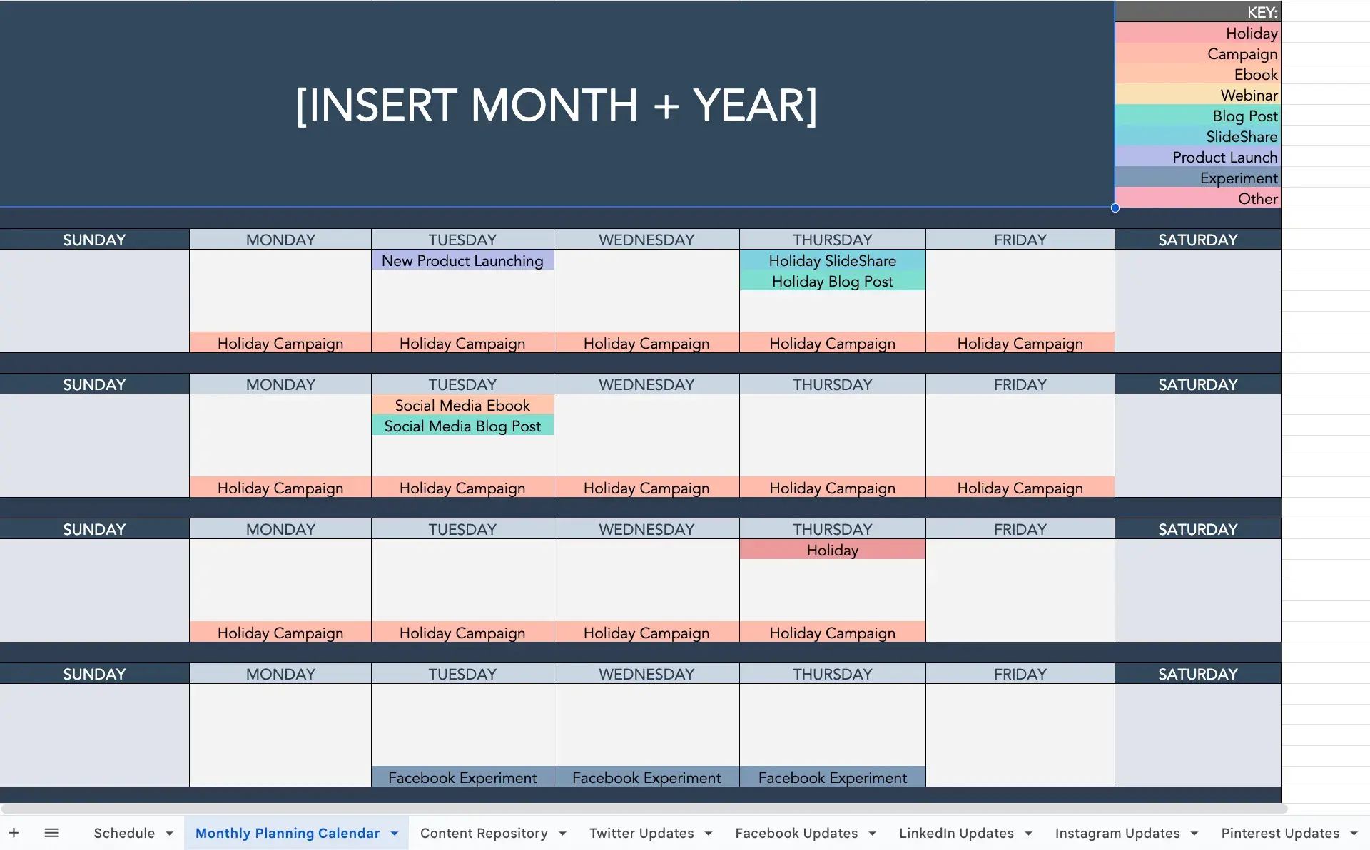 Screencap of HubSpot’s social media calendar template. 